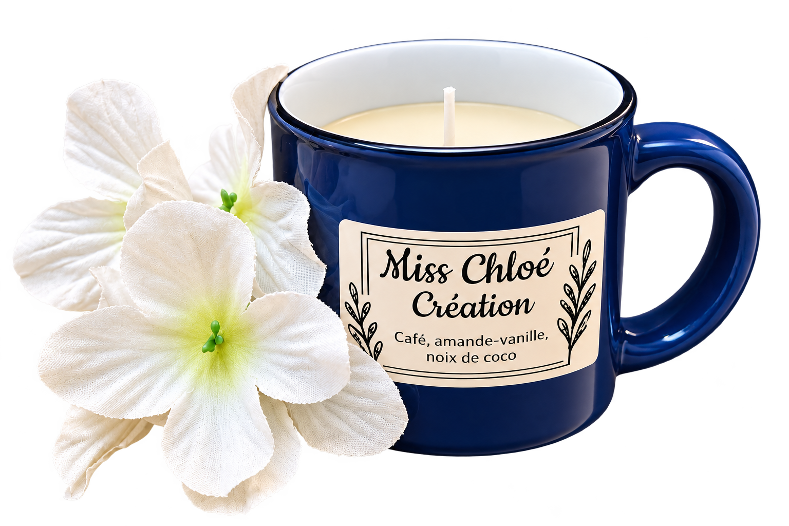 Chandelle Café, amande-vanille, noix de coco, avec fleurs