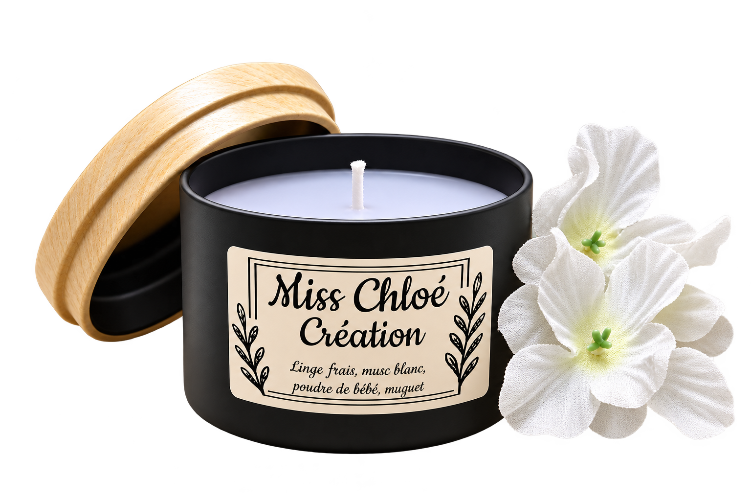 Chandelle Linge frais, musc blanc, poudre de bébé, muguet, avec fleurs