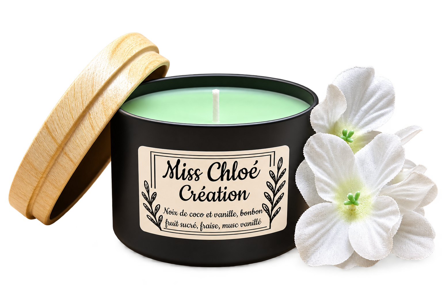 Chandelle Noix de coco et vanille, bonbon fruit sucré, fraise, musc vanillé, avec fleurs