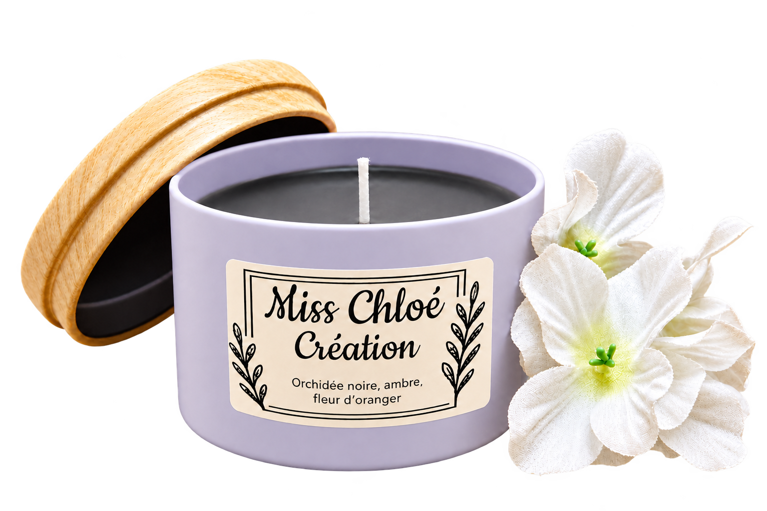 Chandelle Orchidée noire, ambre, fleur d’oranger, avec fleurs