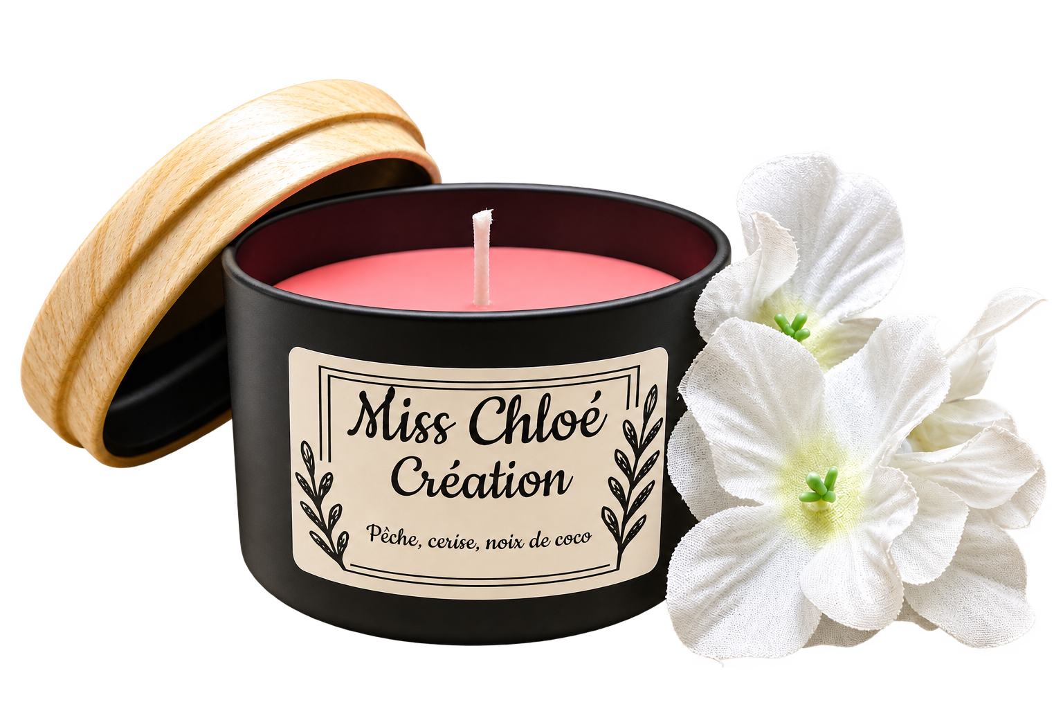 Chandelle Pêche, cerise, noix de coco, avec fleurs
