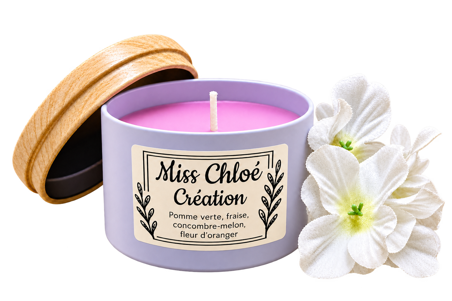 Chandelle Pomme verte, fraise, concombre-melon, fleur d’oranger, avec fleurs