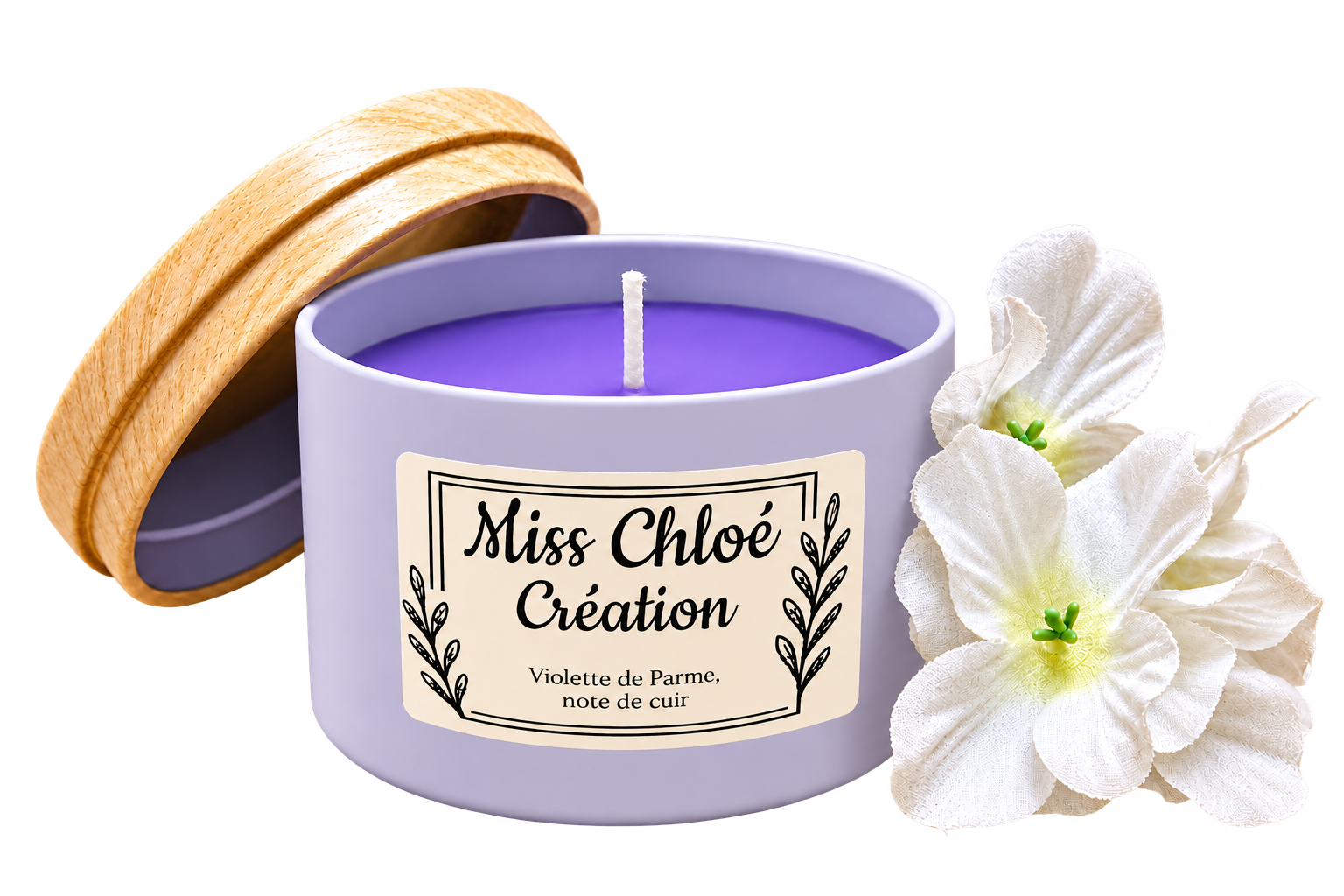 Chandelle Violette de Parme, note de cuir, avec fleurs