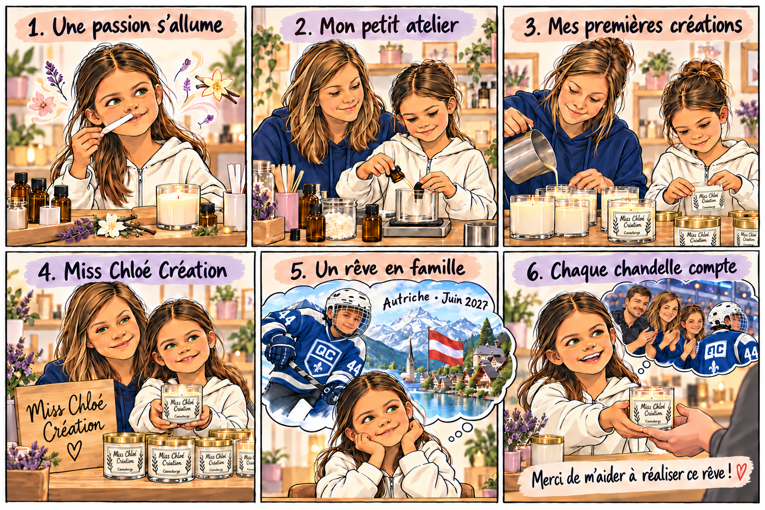 Chloé imagine son frère en uniforme de hockey bleu et blanc QC dans les Alpes autrichiennes en juin 2027